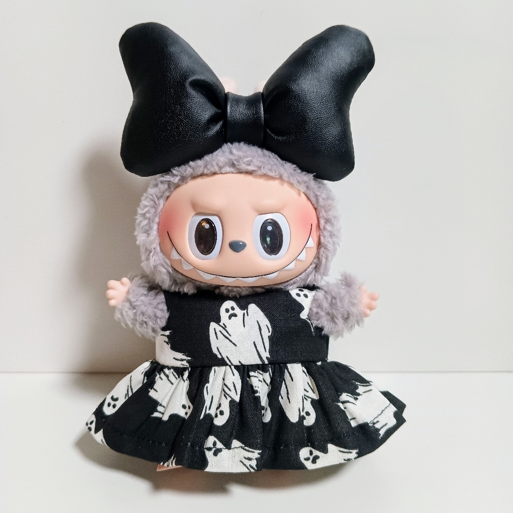 Custom Labubu Spooky Halloween Ghost Dress and Oversized Faux Leather Bow
